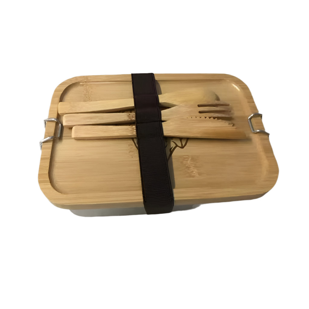 Robust matboks i stål med trelokk og bestikk